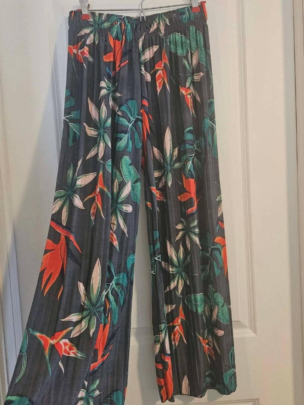 Tropical Print Wide-Leg Pants One Size Elastic Waist